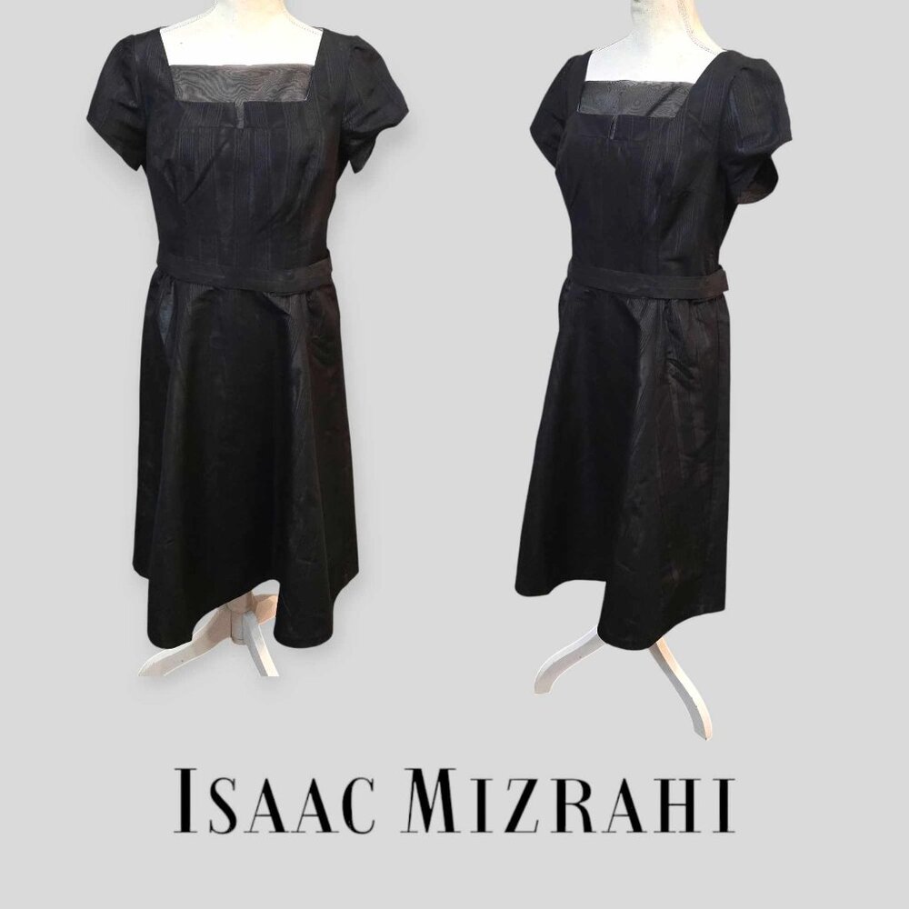 ISAAC MIZRAHI Women's Black Short Sleeve Pleated  Belted Dress Size 12